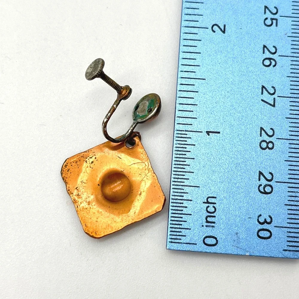 Vintage Copper Earrings Geometric Diamond‎ Shape Screw Back Patina Statement